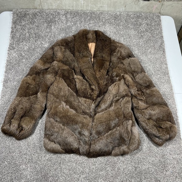 Handmade Jackets & Blazers - Vintage 80s 90s Rabbit Fur Coat Shawl Collar Size Medium Clasp Chevron Pattern